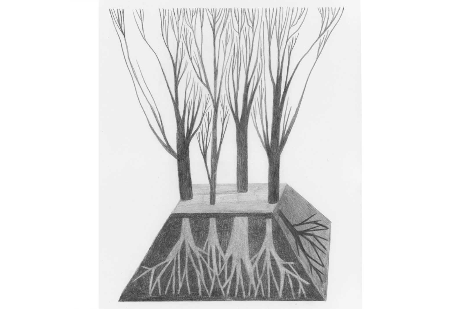 Graphite drawing of a cracked pedestal struggling to support a heavy abstract form